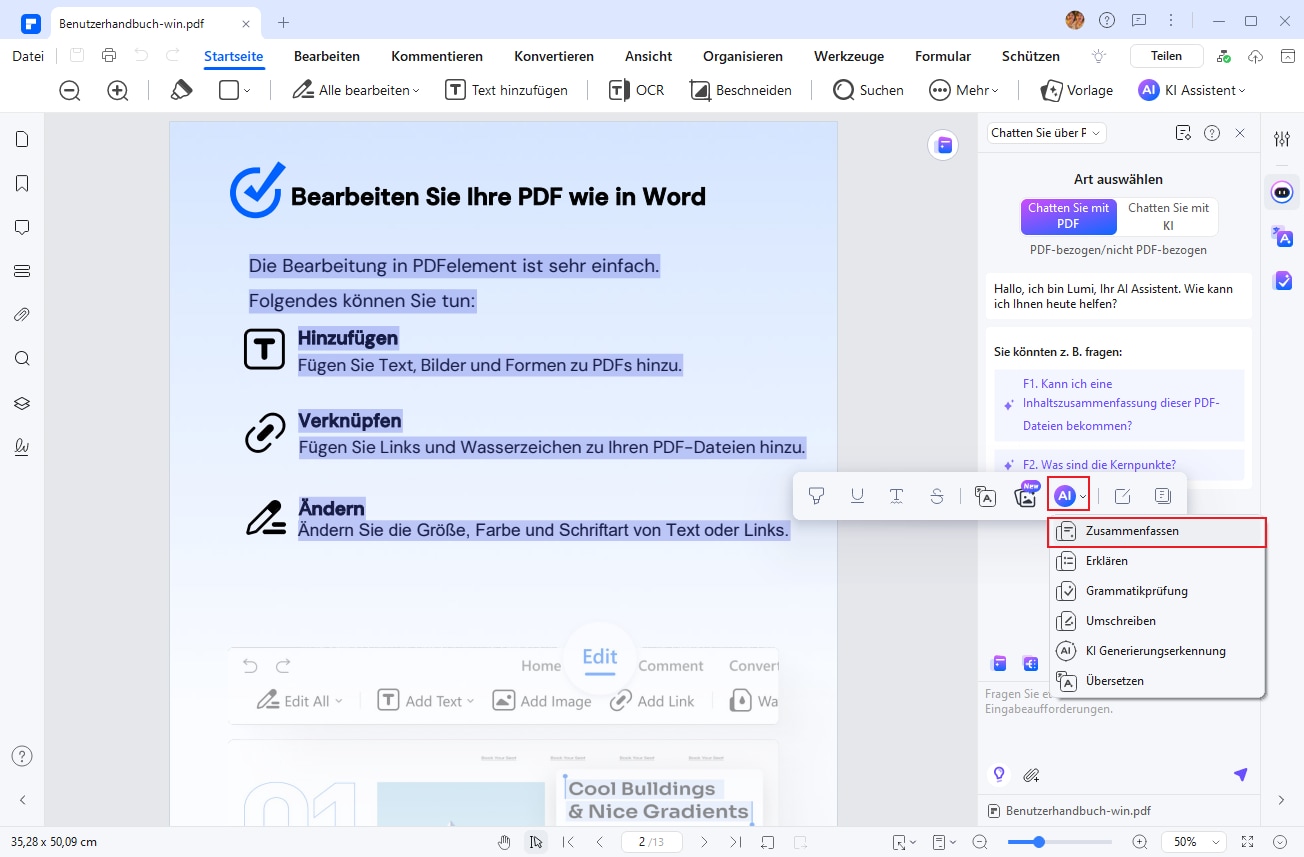 Markieren Sie den Text oder die Passage, die Sie bearbeiten möchten, und starten Sie die Analyse.