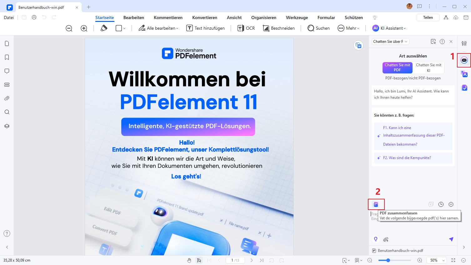 Suchen Sie in der KI-Randleiste die Option "Summarize PDF" in der unteren rechten Ecke und klicken Sie darauf. PDFelement erstellt umgehend eine kurze Zusammenfassung mit drei Kernpunkten und drei Fragen, die zum Nachdenken über den Inhalt der PDF-Datei anregen.