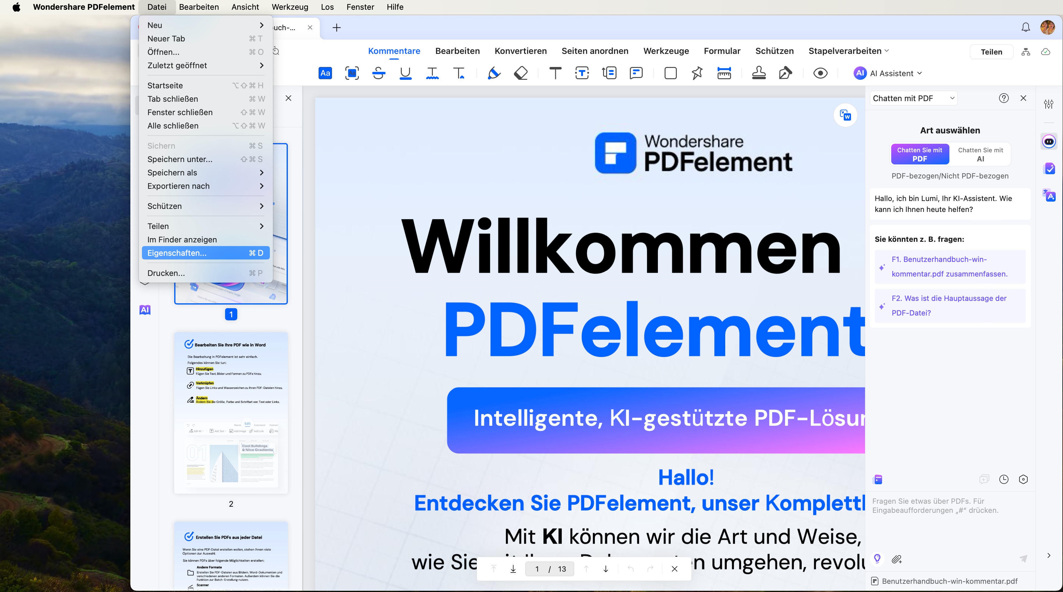 Öffnen Sie Ihre PDF-Datei und klicken Sie dann auf "Datei, Eigenschaften". Sobald Sie dort klicken, erscheint ein Fenster mit dem Namen "Dokumenteigenschaften".