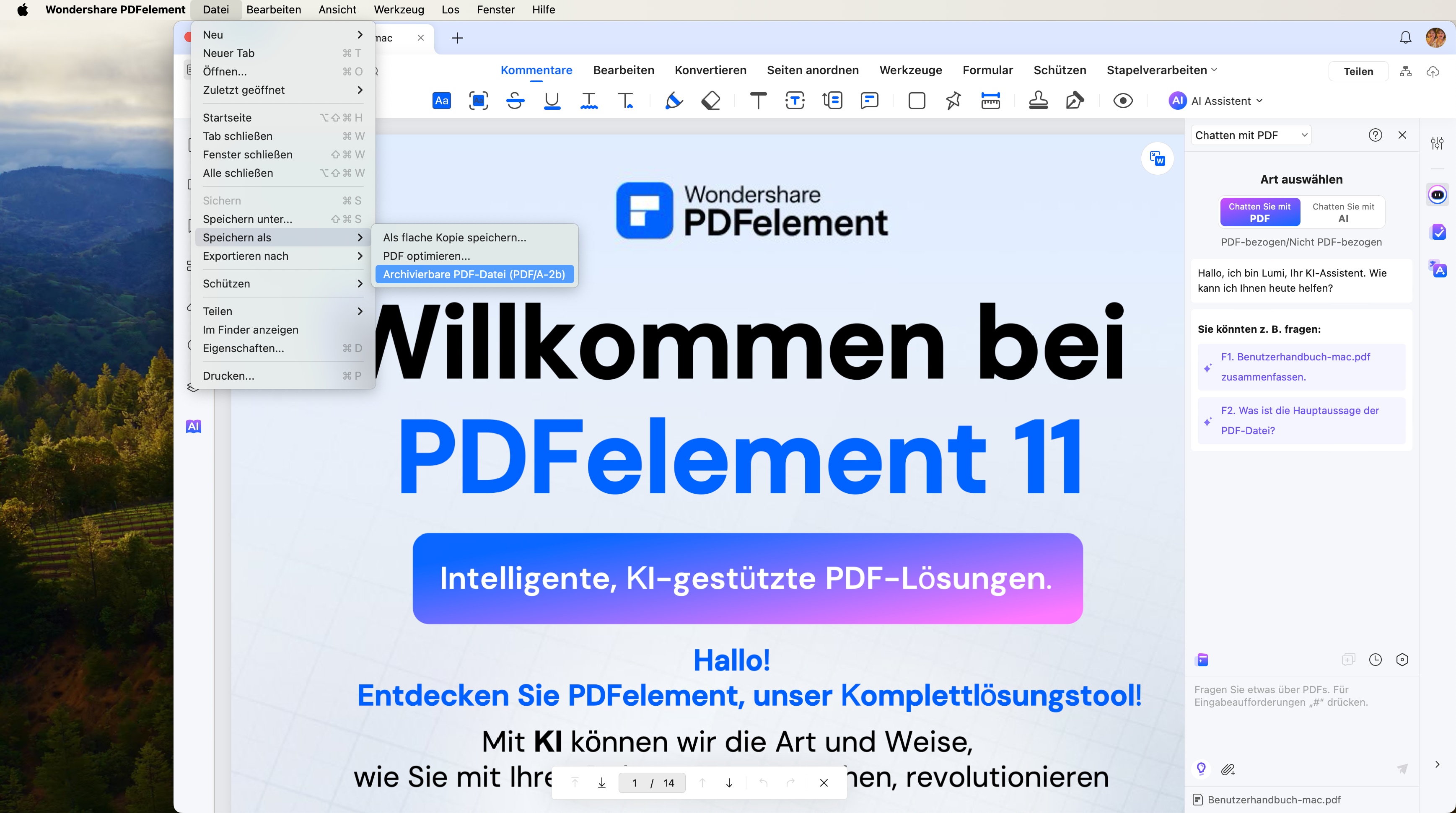 Nachdem Sie die erforderliche PDF-Datei geöffnet haben, müssen Sie auf das Menü "Datei" klicken. Wählen Sie dann die Option "Speichern unter anderem". Wenn Sie diese Option auswählen, wird ein weiteres Register geöffnet. Wählen Sie die letzte Option, nämlich "Archivierbares PDF (PDF/A,2b)" im neuen Tab aus.