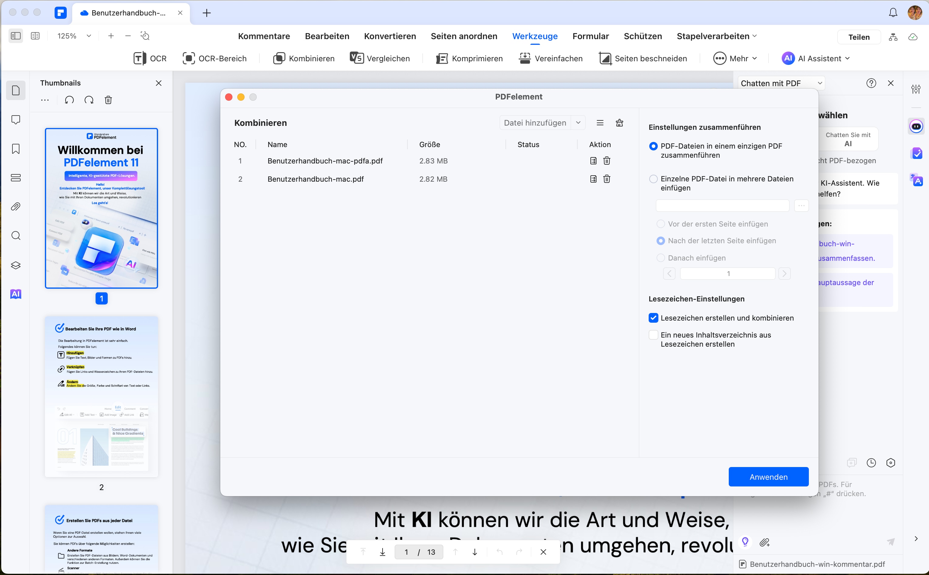 Sie können nun Dateien hinzufügen, indem Sie sie aus dem Finder ziehen und hier ablegen oder die Schaltfläche Hinzufügen... am unteren Rand des Fensters verwenden. Die Schaltfläche "Hinzufügen" bietet außerdem die Optionen "Datei hinzufügen", "Ordner hinzufügen" und "Geöffnete Dateien hinzufügen", wodurch alle Dateien in Ihren PDFelement-Registerkarten in die Liste aufgenommen werden. Sie müssen zunächst alle geöffneten Dateien speichern.