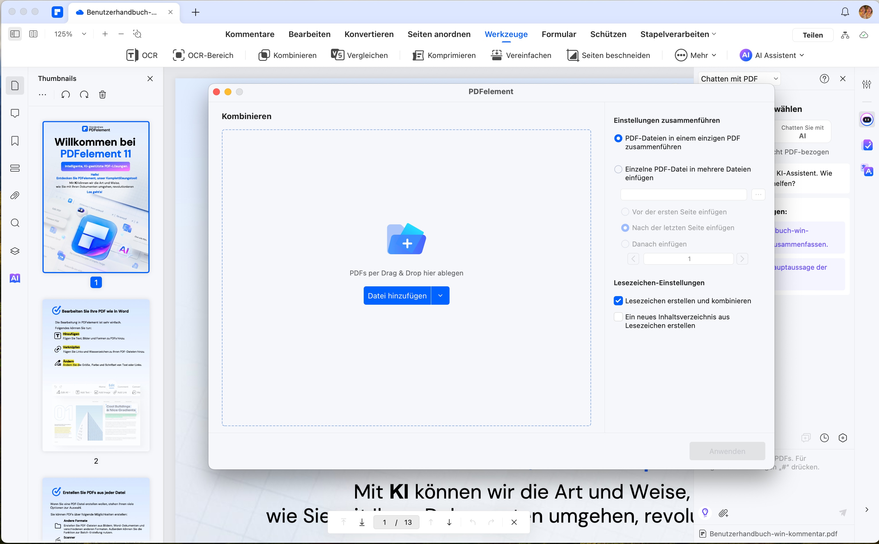 Wenn sich das Stapelverarbeitungs Fenster öffnet, klicken Sie unten im Fenster auf "+ Hinzufügen" und wählen Sie PDF kombinieren.