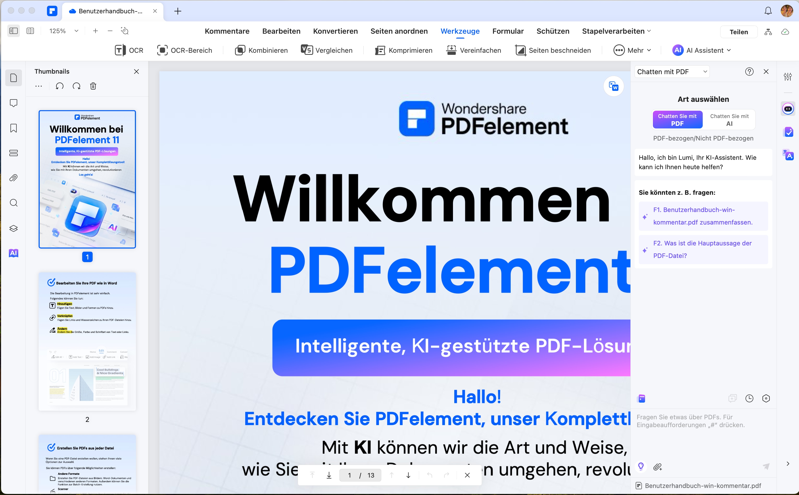 Klicken Sie im oberen Menü auf "Werkzeuge" → "PDFs kombinieren".