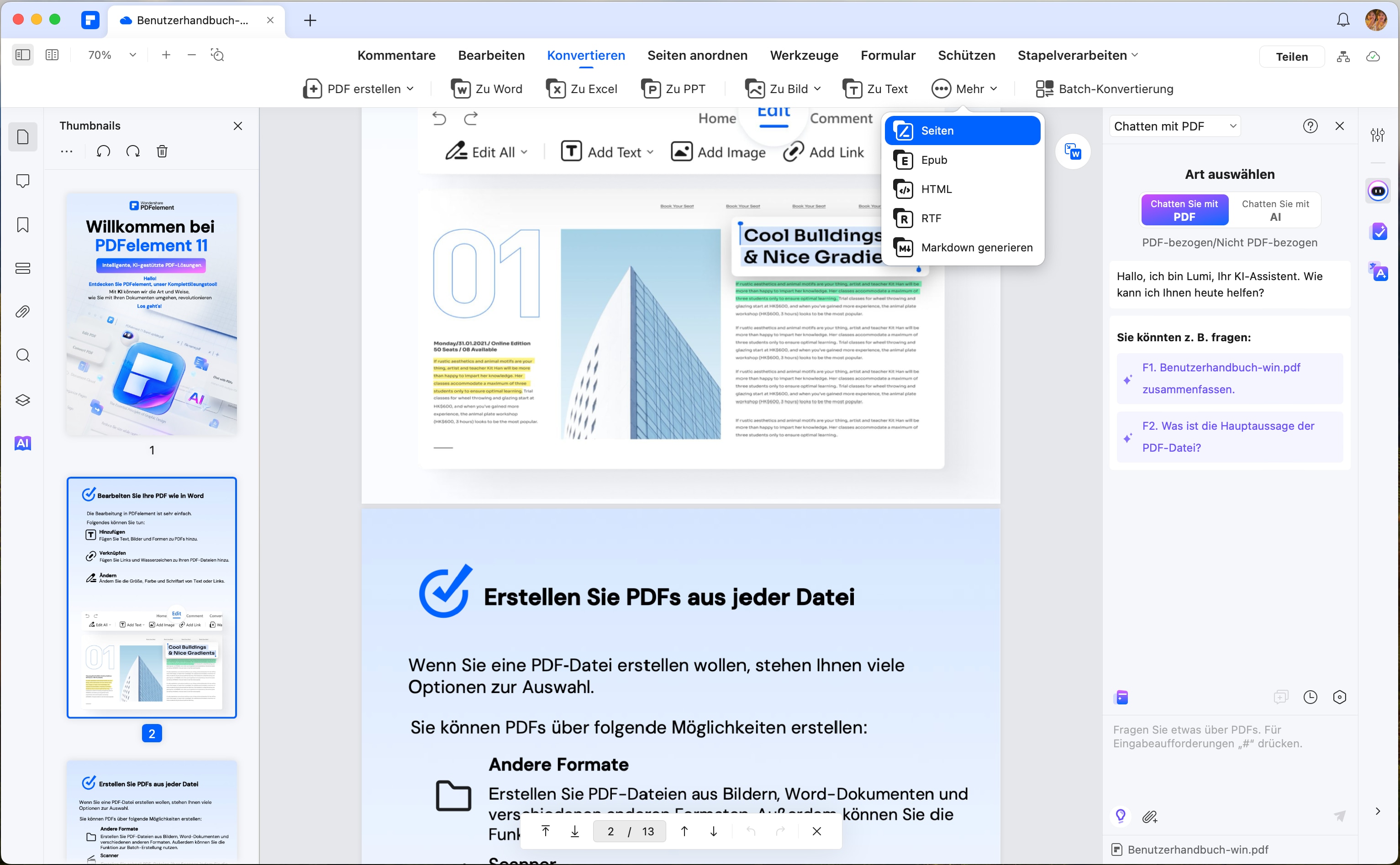 Klicken Sie auf „Konvertieren“, um mehrere zu konvertierende Formate anzuzeigen. Wählen Sie „Mehr“ , „Pages“, klicken Sie auf Datei und Sichern, um es im Pages-Format zu speichern.