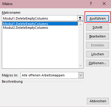 Wählen Sie das Makro und klicken Sie auf „Ausführen“.