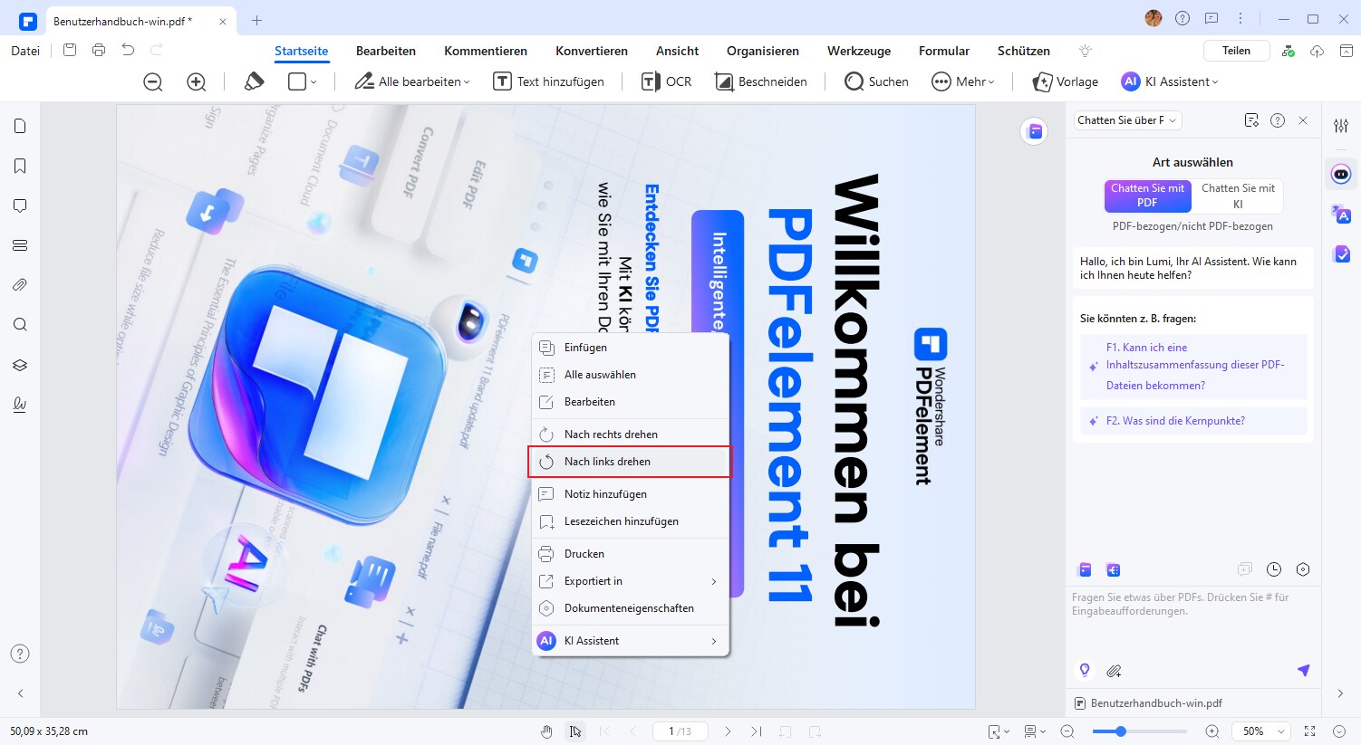 Öffnen Sie die PDF-Datei im Hochformat auf PDFelement, klicken Sie mit der rechten Maustaste auf die PDF-Seite im Hochformat und klicken Sie auf „Nach links drehen“, um die PDF-Datei im Hochformat in das Querformat zu konvertieren.