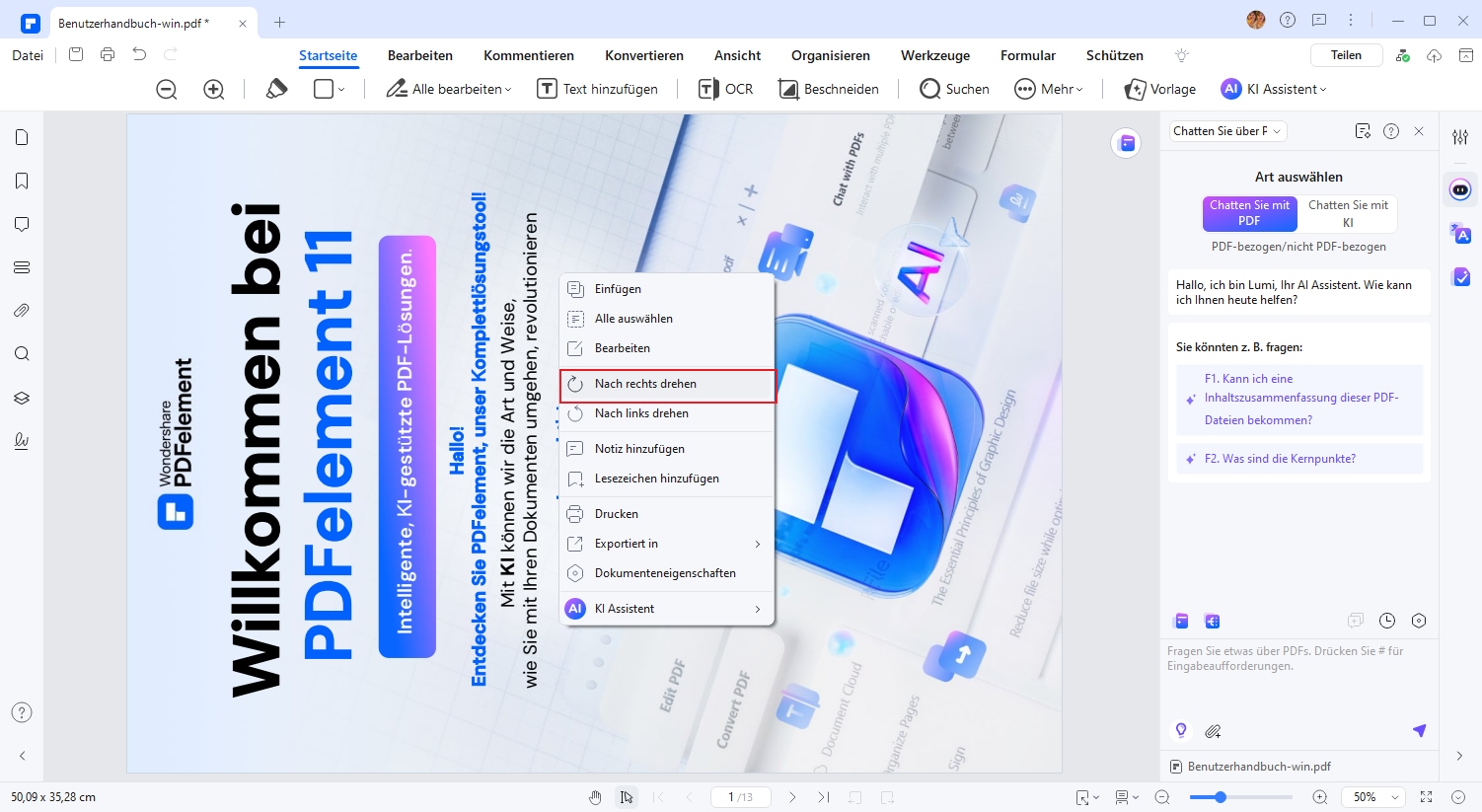 Klicken Sie auf „Nach rechts drehen“, um die PDF-Datei im Querformat in Hochformat zu ändern. Klicken Sie auf die Schaltfläche Speichern, um das PDF im Querformat dauerhaft im Hochformat zu speichern.