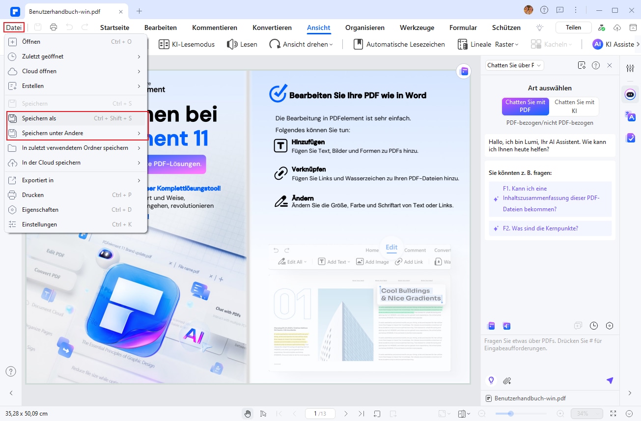 Nachdem Sie die 3D-Effekte eingestellt haben, speichern Sie die Datei in einem geeigneten Format und teilen Sie Ihr interaktives PDF mit anderen.