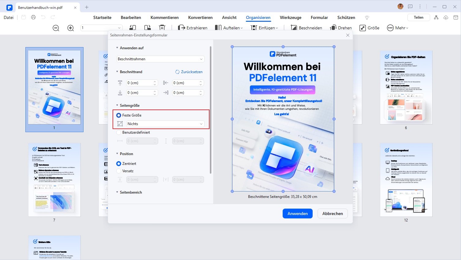 Nun zeigt das Programm die Dialogbox Seitenrahmen-Einstellungsformular an, in der die Randmaße des Beschneidungsrechtecks und die zu beschneidende Seite angegeben sind. Wählen Sie im Bereich Seitengröße die Option Feste Größe und wählen Sie eine vordefinierte Seitengröße wie z.B. A4. Wählen Sie außerdem unter der Option Zentriert geeignete Maße für den X-Versatz und den Y-Versatz.