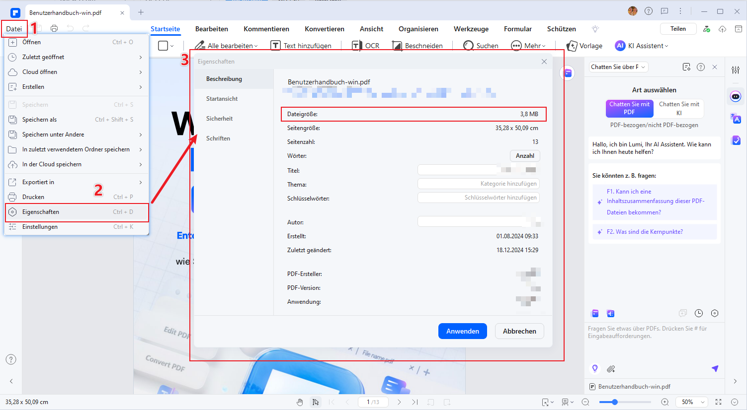 Jetzt können Sie die PDF-Größe in Datei, Eigenschaften überprüfen. 
