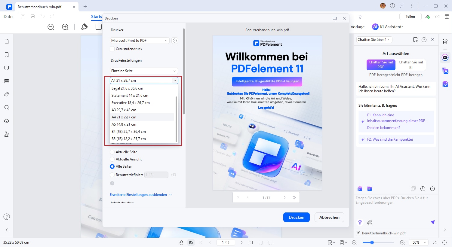 Sie können dann die Seitengröße der PDF-Datei auswählen, die Sie drucken möchten. Klicken Sie auf das Drucksymbol. Wählen Sie eine Größe aus: A4, A3, A2, A1, etc. Passen Sie Einstellungen wie Drucker, Seitenausrichtung, Seitenbereich und mehr an.
