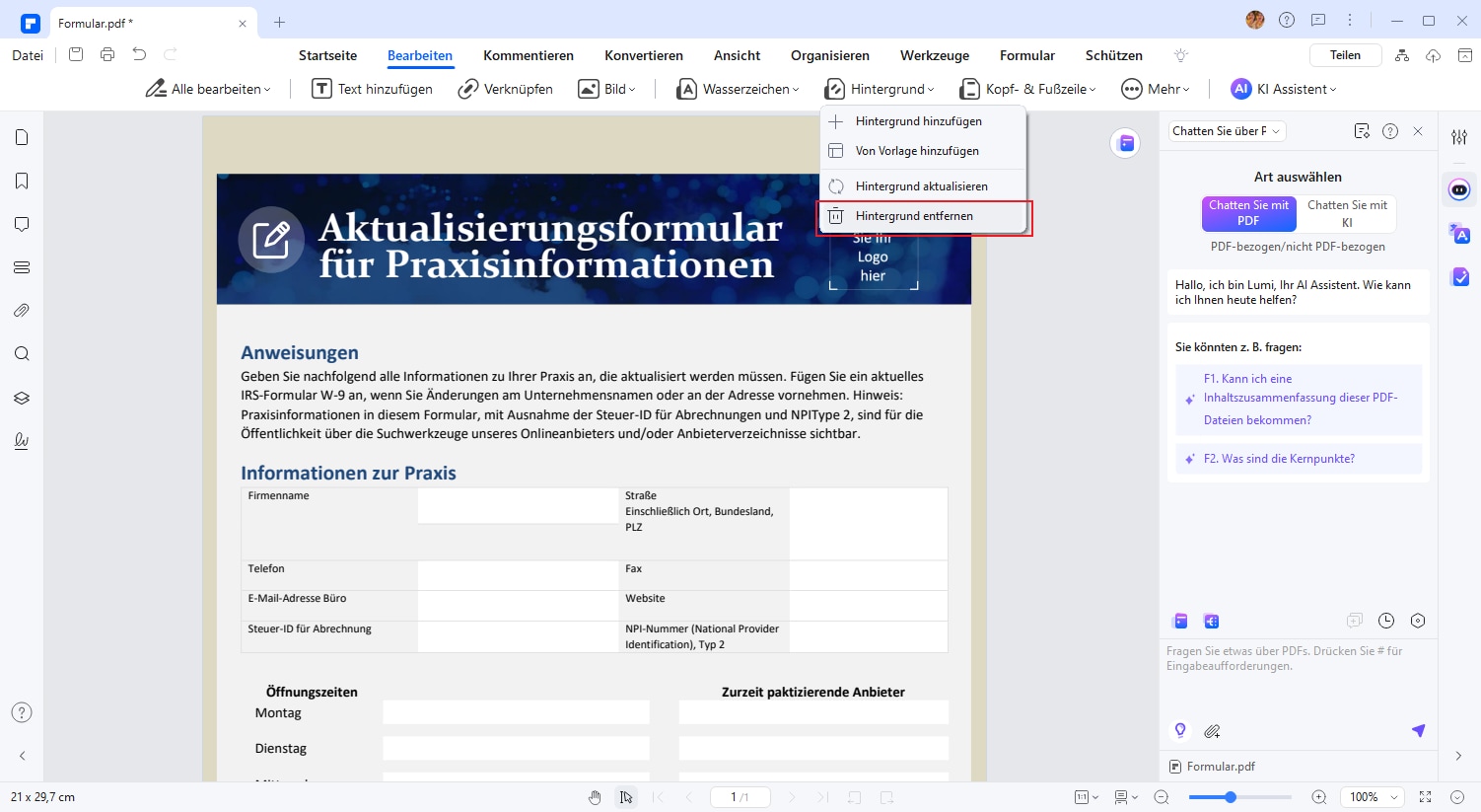 Um den Hintergrund aus PDF-Dokumenten zu entfernen, öffnen Sie die Registerkarte „Bearbeiten“. Klicken Sie auf die Option „Hintergrund“ und wählen Sie „Hintergrund entfernen“. Dies ist die Anleitung zum Entfernen des Hintergrunds aus PDF.