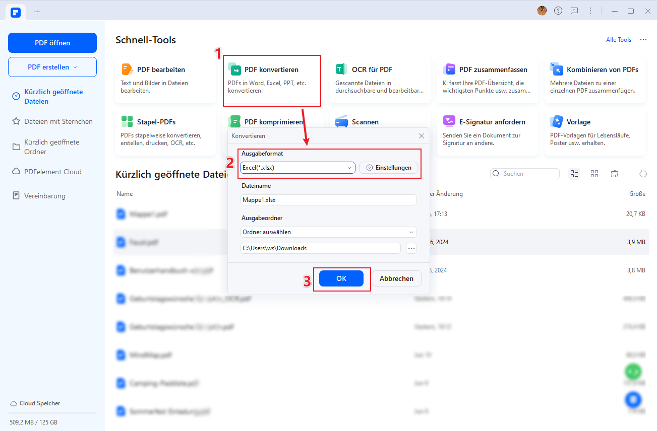Klicken Sie auf PDF in Excel. Wählen Sie Seitenbereiche und Konvertierungseinstellungen gemäß Ihren Anforderungen.
