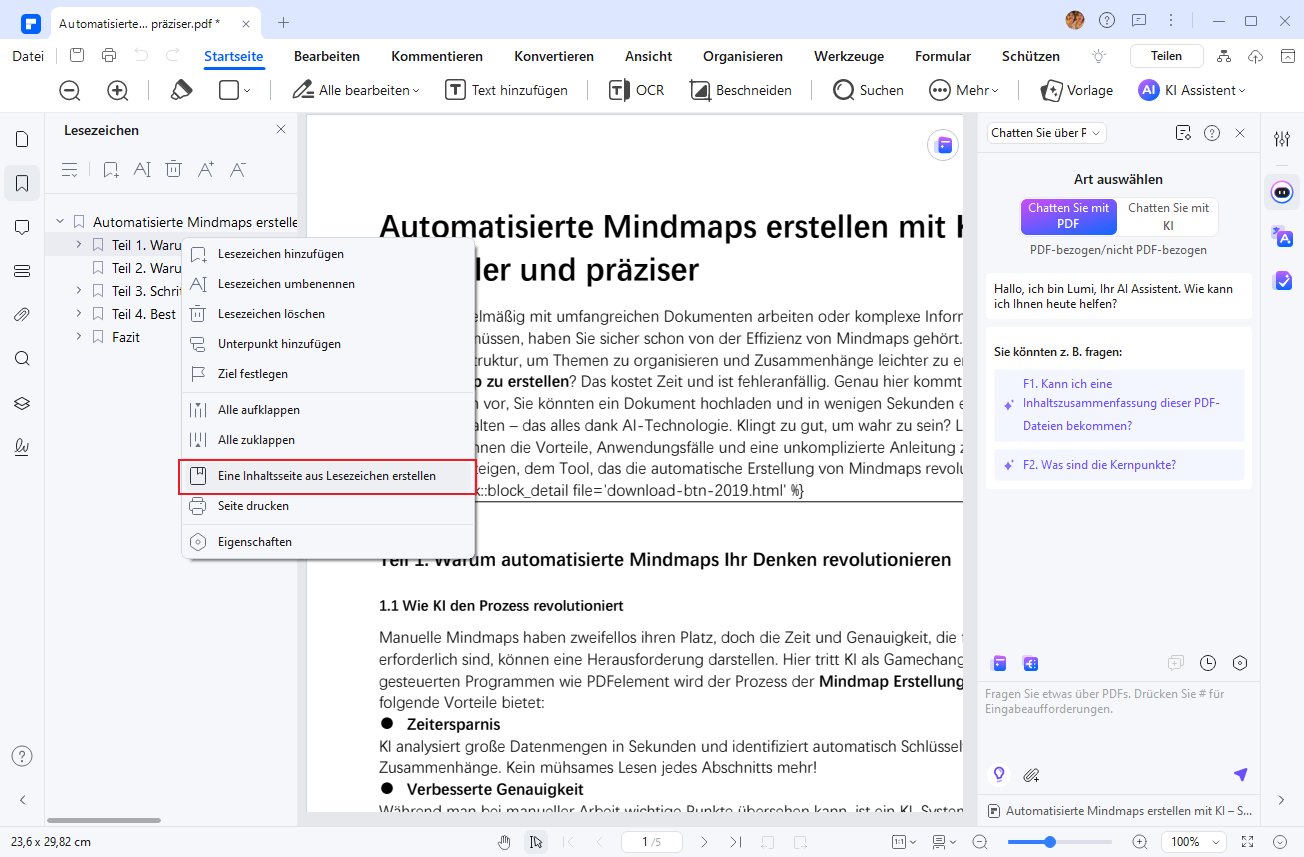 Es wird ein Menü angezeigt. Wählen Sie in diesem Menü Erstelleneiner Inhaltsseite aus Lesezeichen.