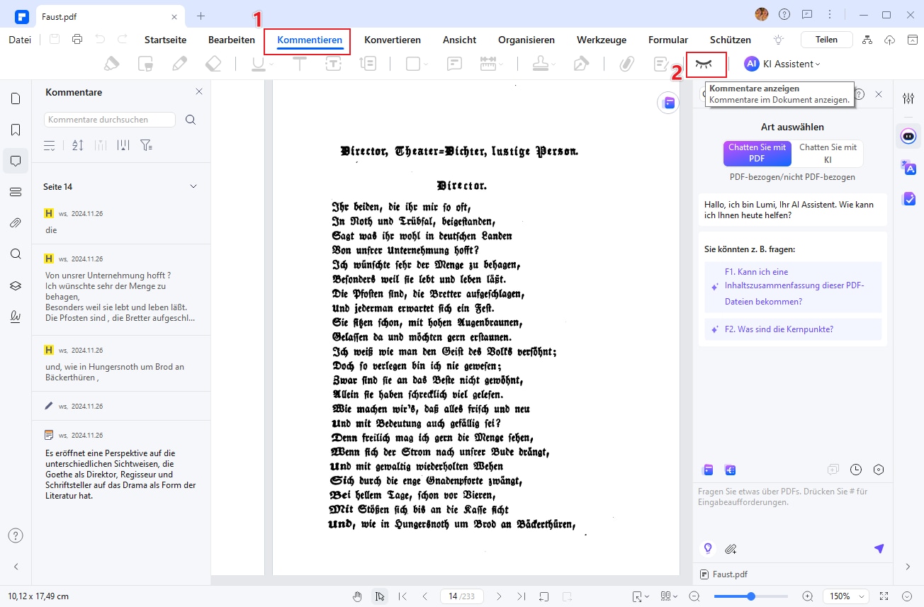 Klicken Sie auf "das Auge", um alle Kommentare zu schließen. Klicken Sie erneut darauf, um eine Übersicht aller Kommentare anzuzeigen.