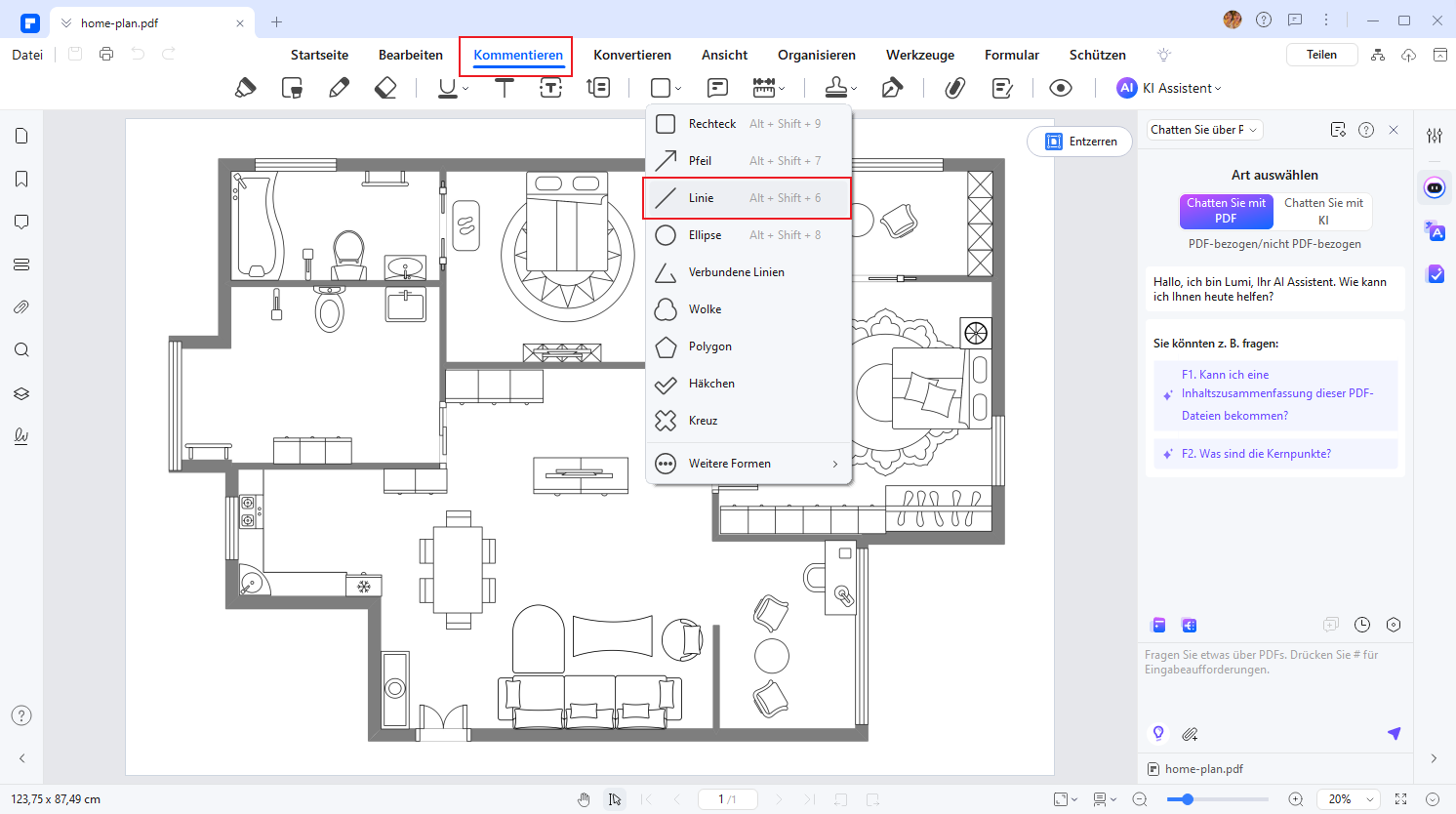 Klicken Sie auf die Schaltfläche Kommentieren, Linie, um auf der PDF-Seite zu zeichnen. Halten Sie den Cursor gedrückt, um eine Linie zu zeichnen.