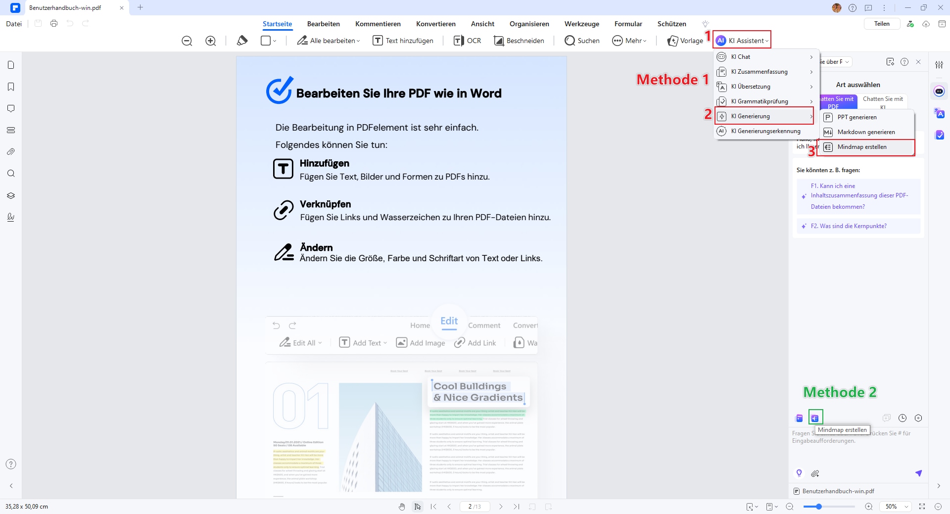 Navigieren Sie zur Mindmap-Funktion und aktivieren Sie den AI-gestützten Mindmap-Generator. Das Tool analysiert das Dokument und identifiziert automatisch die Schlüsselthemen.