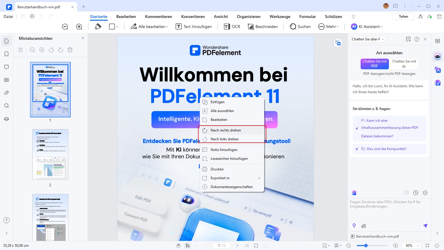 Rechtsklicken Sie nach dem Öffnen des PDF-Dokuments auf eine beliebige Stelle auf der Seite und wählen Sie die „Seite drehen“-Option. Nun können Sie die Seitenbereiche wie gewünscht festlegen.