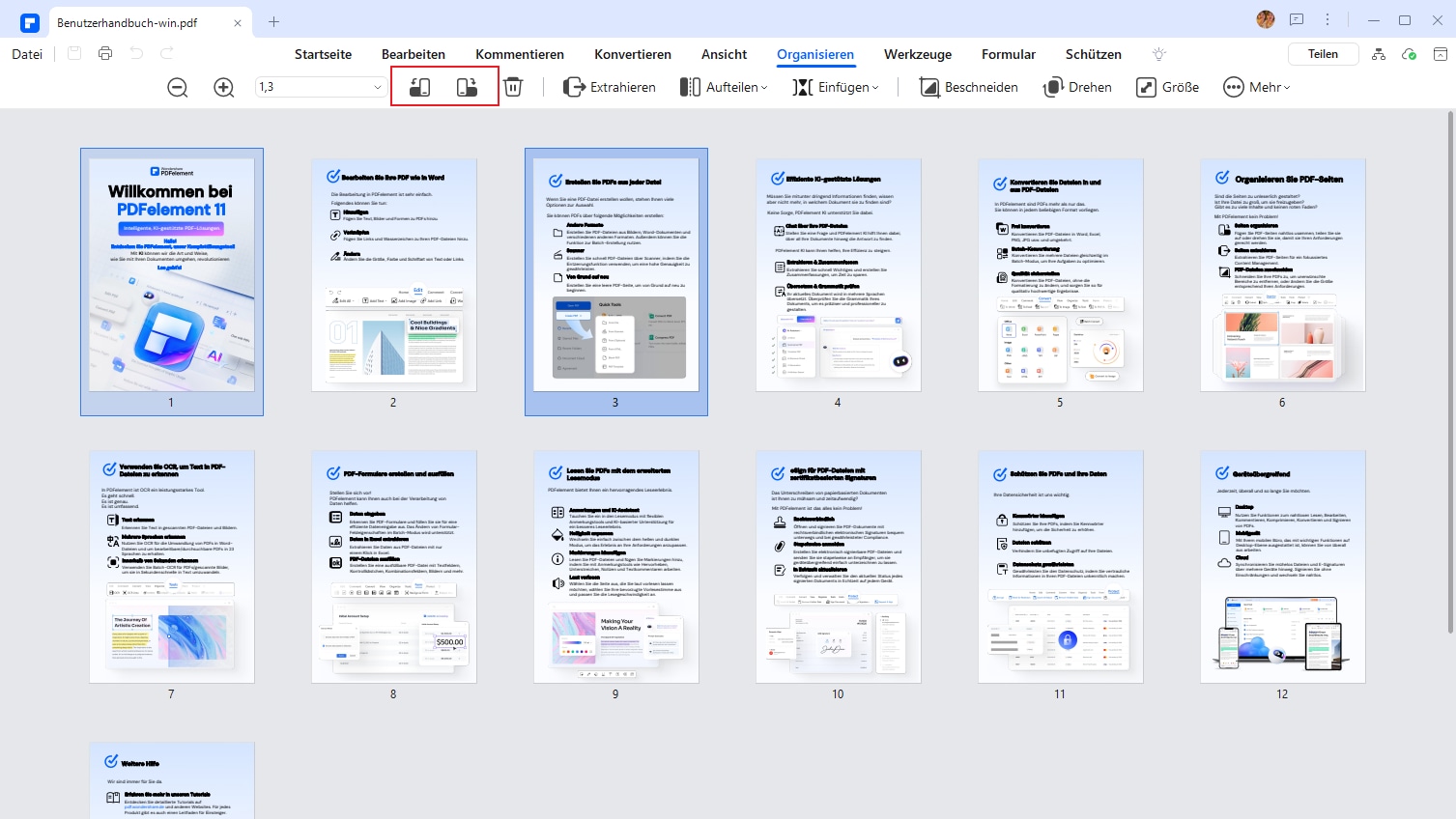 Wechseln Sie nach dem Öffnen der PDF-Datei auf den „Organisieren“-Tab. Wählen Sie hierbei eine einzelne Seite oder halten Sie die „Strg“-Taste gedrückt, um mehrere Seiten auf einmal auszuwählen. Wählen Sie die Optionen „Nach links drehen“ oder „Nach rechts drehen“, um die ausgewählte(n) Seite(n) zu drehen.