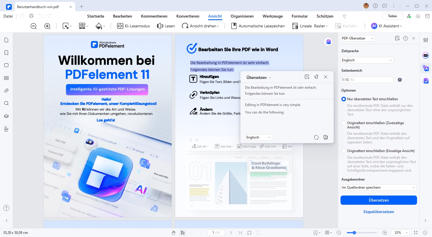 Das Übersetzungstool von PDFelement ist nützlich, wenn Sie eine neue Sprache lernen möchten. Wählen Sie einfach den Text aus, um das übersetzte Ergebnis der von Ihnen gewählten Zielsprache zu erhalten. Mehr als 100 Sprachen werden unterstützt.