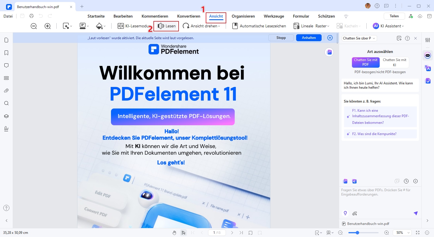 Wechseln Sie in die Optionenleiste am oberen Bildschirmrand. Klicken Sie auf „Ansicht“ und aktivieren Sie den Lesemodus, der ein optimales Hörerlebnis bietet.