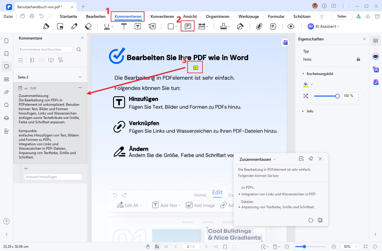 Kommentieren Sie direkt im Dokument, indem Sie Textfelder, Pfeile oder farbige Markierungen verwenden, um wichtige Inhalte hervorzuheben.