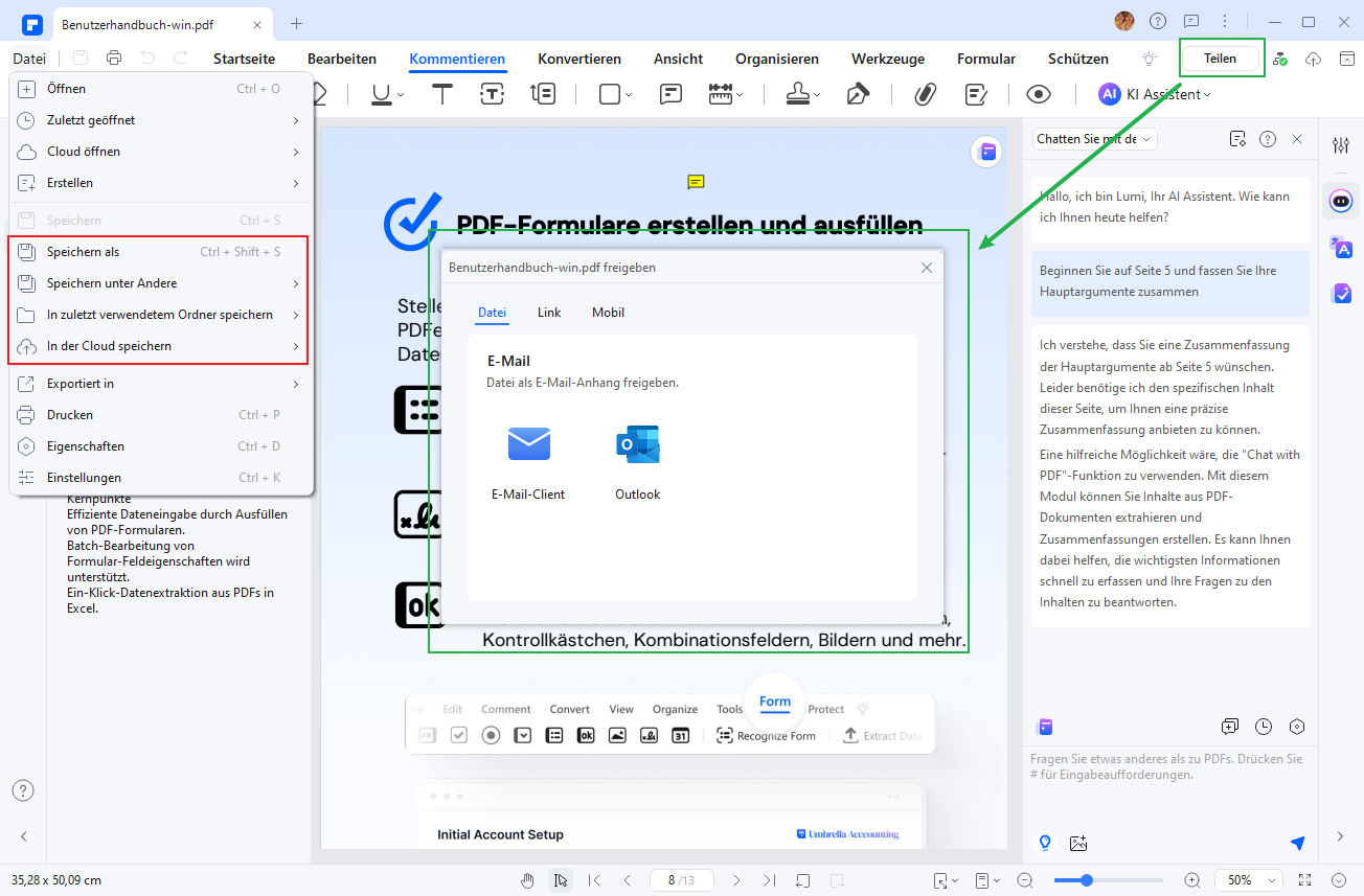 Speichern Sie die bearbeitete Datei. Sie können sie auch über die Funktion „Teilen“ mit E-Mail oder PDFelement Cloud synchronisieren.