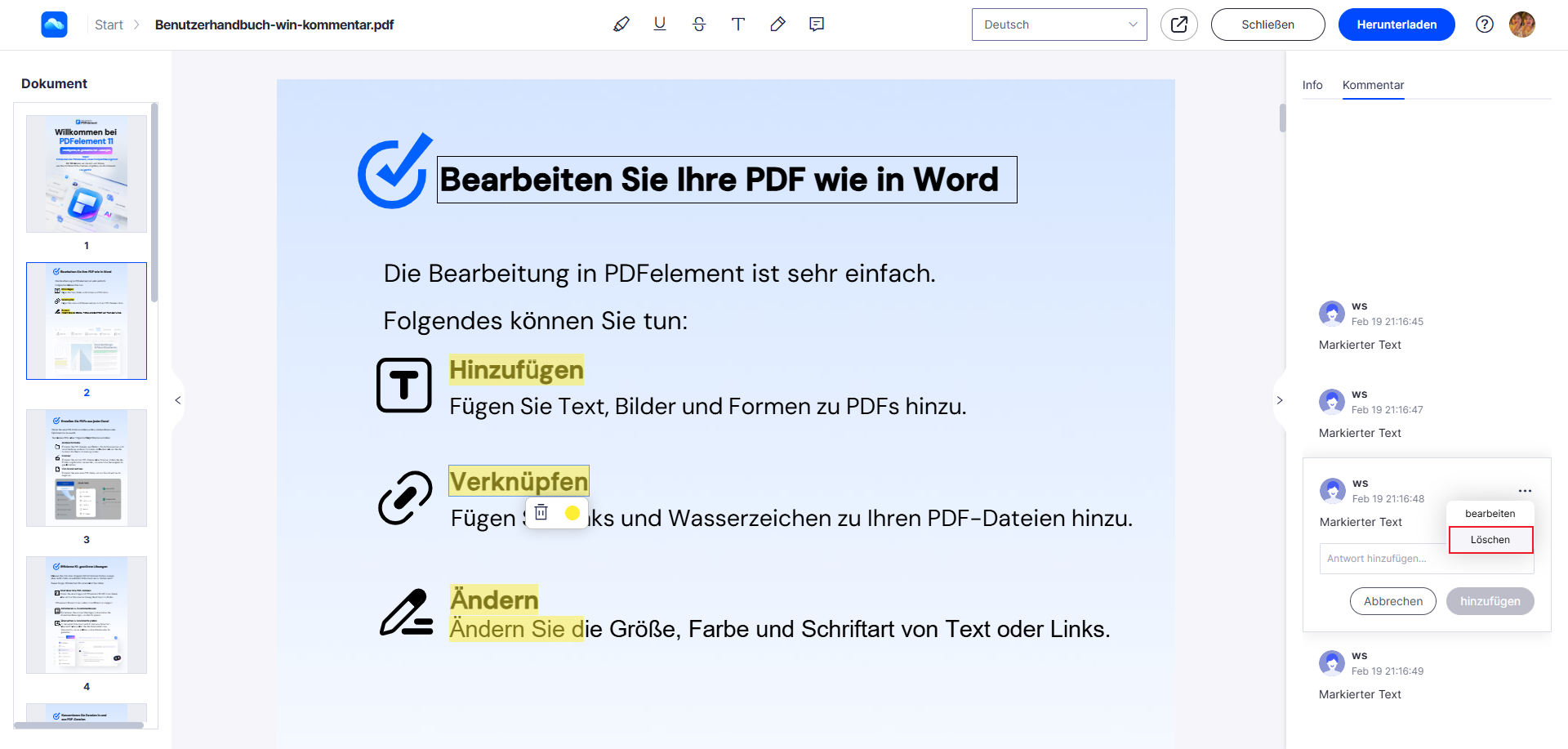 Tippen Sie auf einen beliebigen Kommentar und fahren Sie mit dem Cursor über das Icon mit den drei Punkten. Wählen Sie im Dropdown-Menü "Löschen", um den Kommentar zu entfernen. Sobald dies erledigt ist, tippen Sie auf "Download", um die bearbeitete PDF-Datei herunterzuladen.