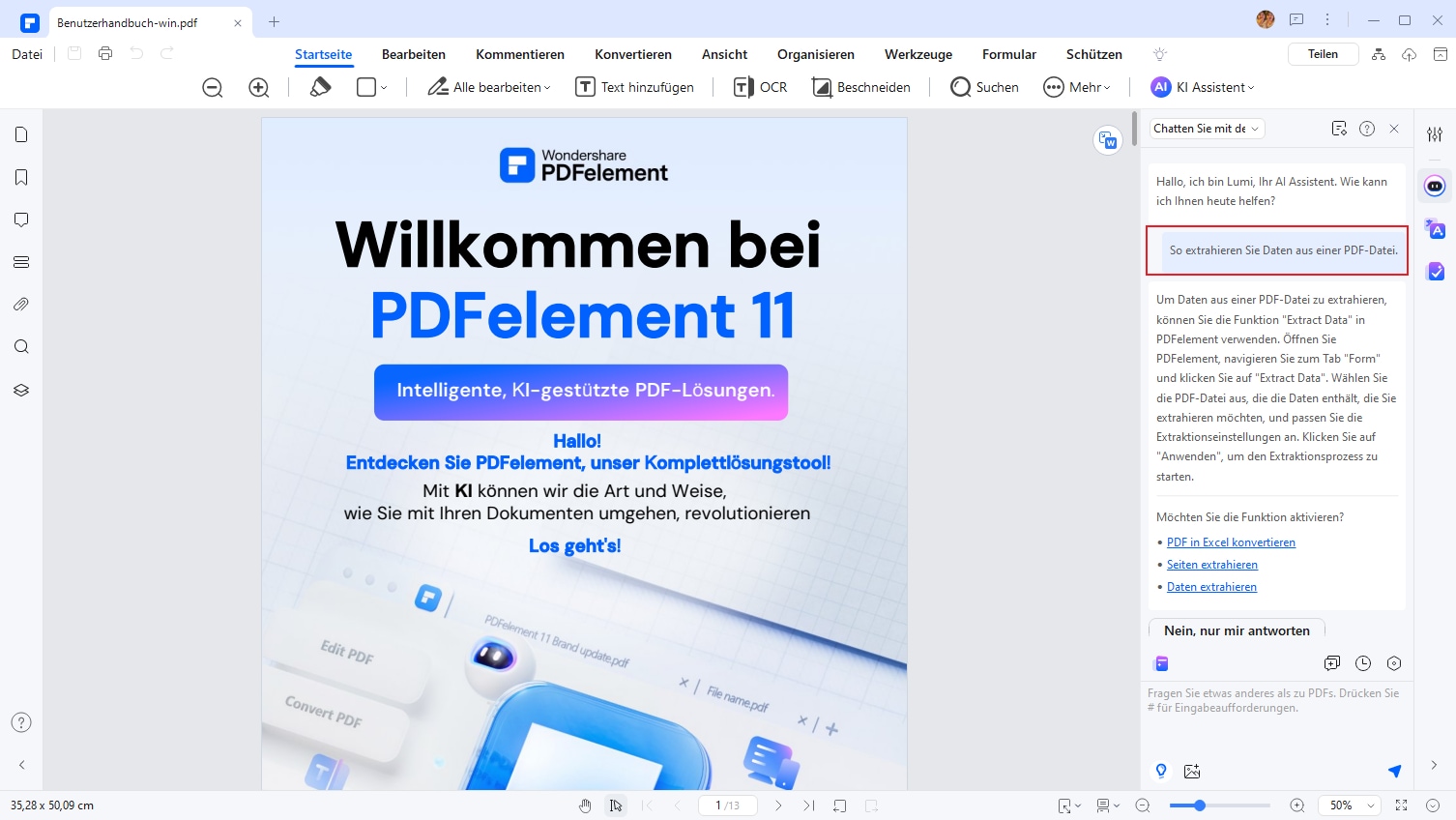 Geben Sie "So extrahieren Sie Daten aus einer PDF-Datei." in das Chat-Feld ein und drücken Sie die Eingabetaste.