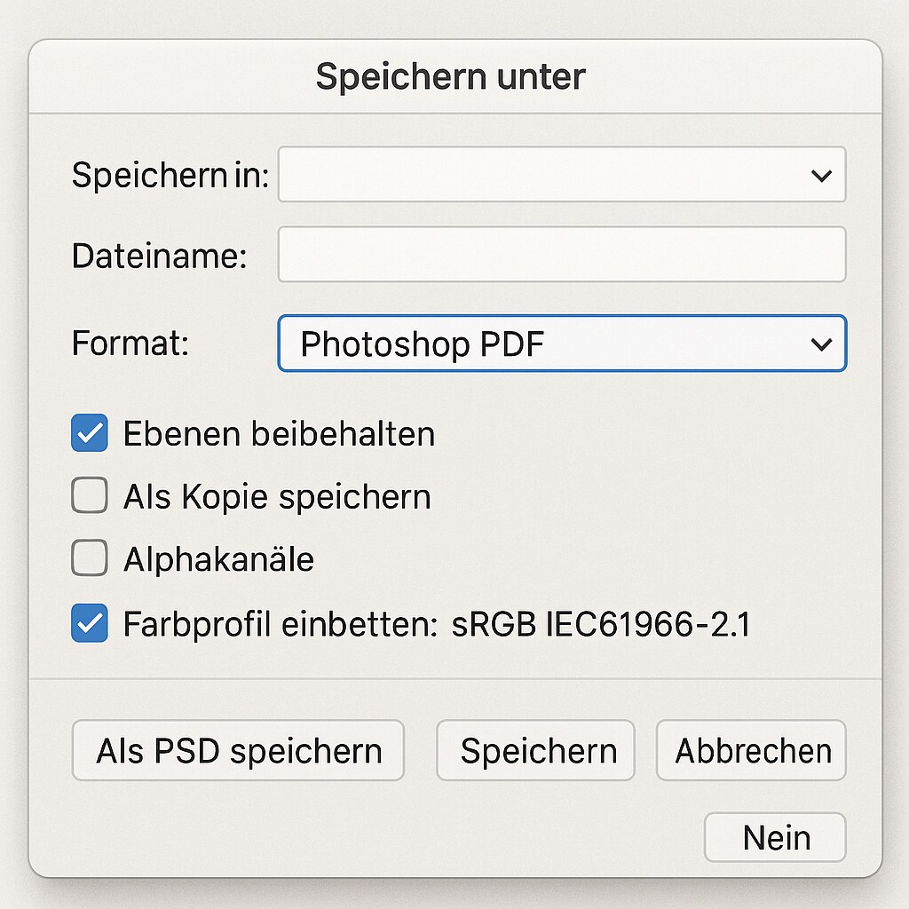 Jetzt öffnet sich das entscheidende Dialogfeld: "Adobe PDF speichern". Hier nehmen Sie die wichtigsten Einstellungen vor. Lassen Sie uns jede Option im Detail betrachten.