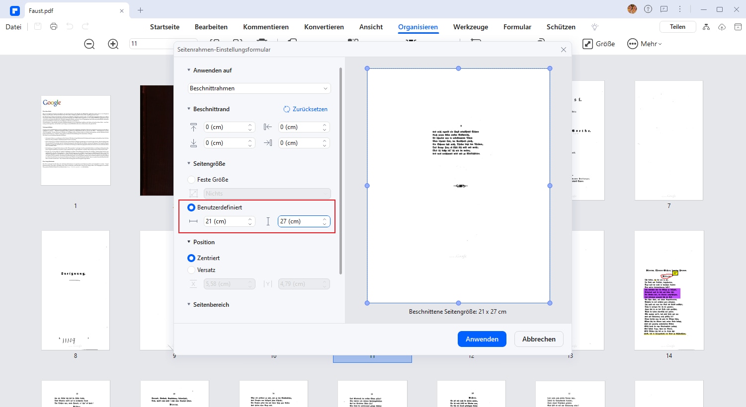 Gehen Sie zu „Organisieren“ im Hauptmenü und wählen Sie „Seiten-Boxen“. Aktivieren Sie dann die Option „Benutzerdefiniert“ und geben Sie Ihre gewünschten Maße ein, z. B. 210 mm x 297 mm für DIN A4.