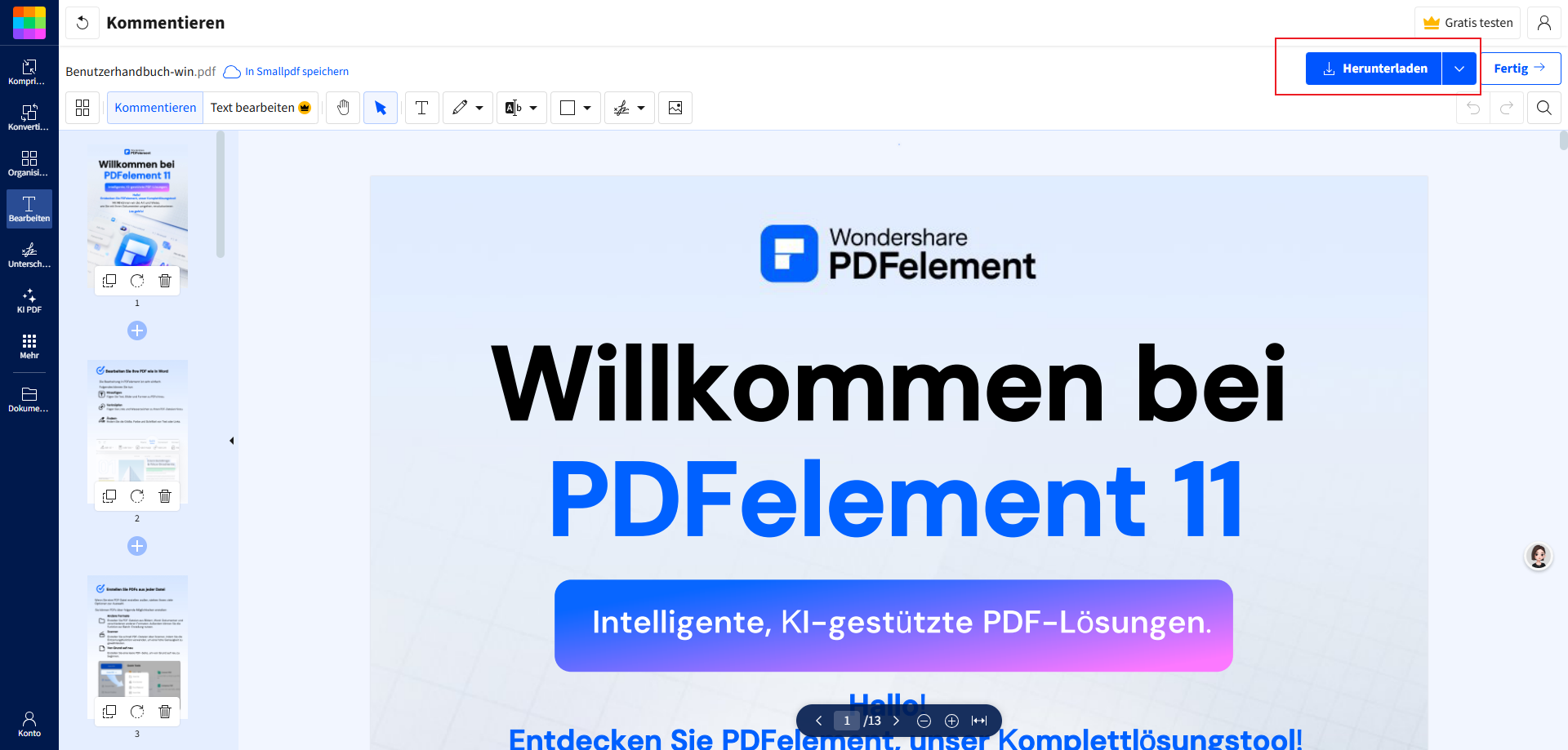 Sobald Sie den Inhalt abgedeckt haben, tippen Sie auf „Herunterladen“ und laden Sie Ihre bearbeitete PDF-Datei herunter.