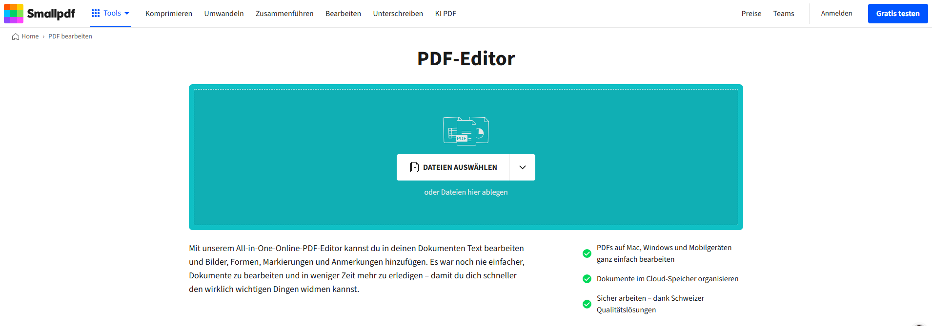 Öffnen Sie Smallpdf in einem beliebigen Browser und ziehen Sie die Datei in den Editor des Tools. Wählen Sie die Option "Form hinzufügen" und verwenden Sie das Symbol „Quadrat“.