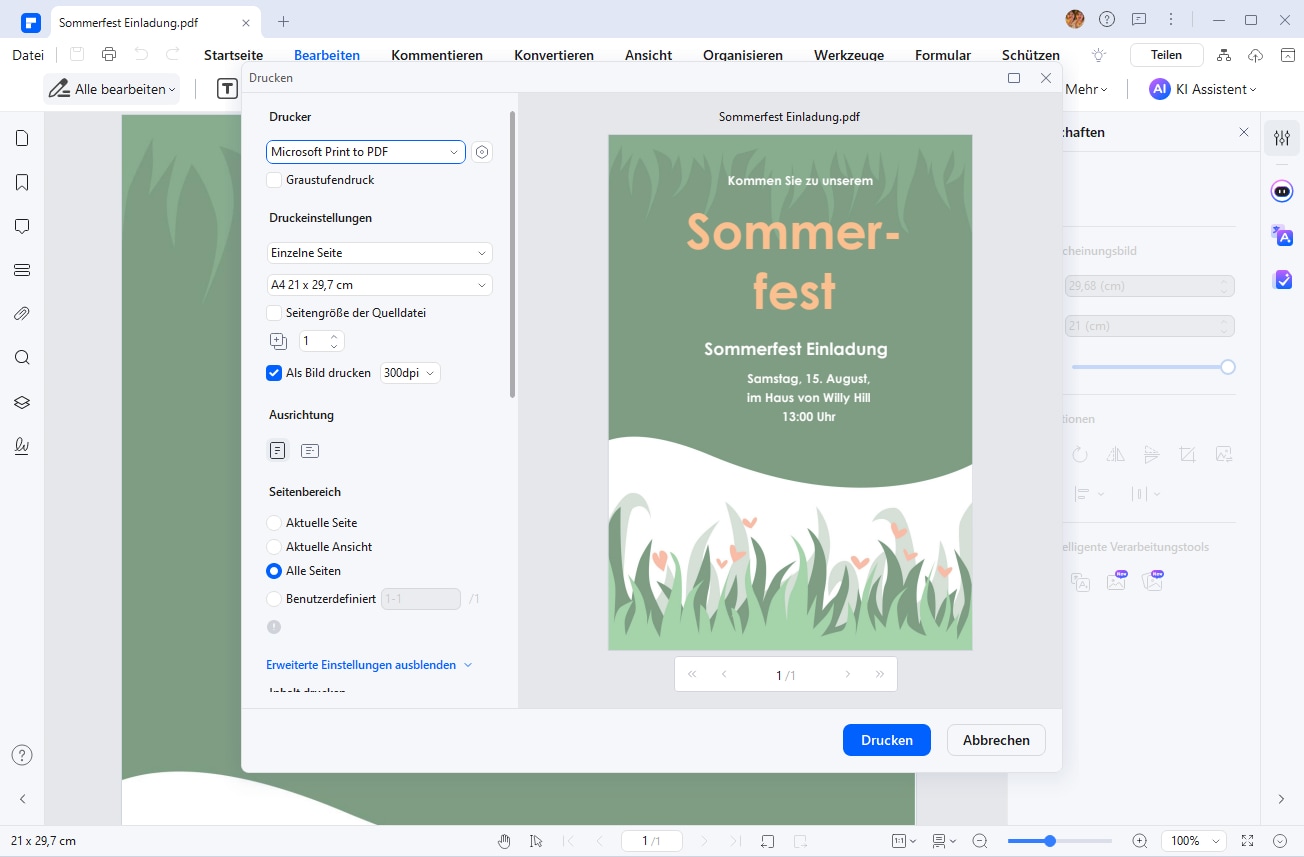 Nutzen Sie die „Drucken“-Funktion für klassische Papierkarten.