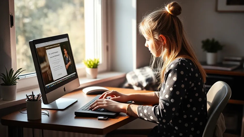 Ein junges deutsches Mädchen arbeitet an einem Computer an einem Tisch in der Nähe der Fensterbank in einem gut beleuchteten Raum und erstellt eine elektronische Einladung für eine Sommerwarteschlange