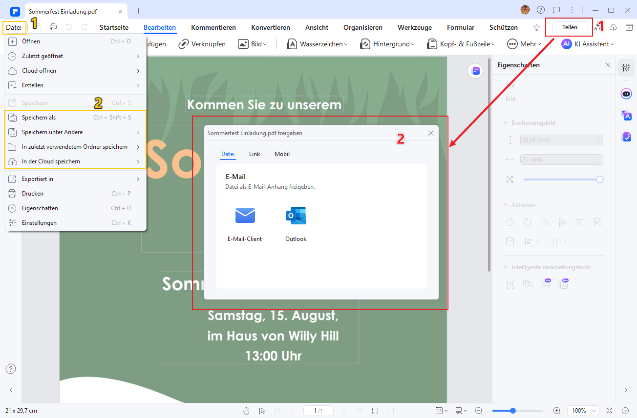 Speichern Sie Ihre Einladung mit „Datei > Speichern unter“ als PDF.