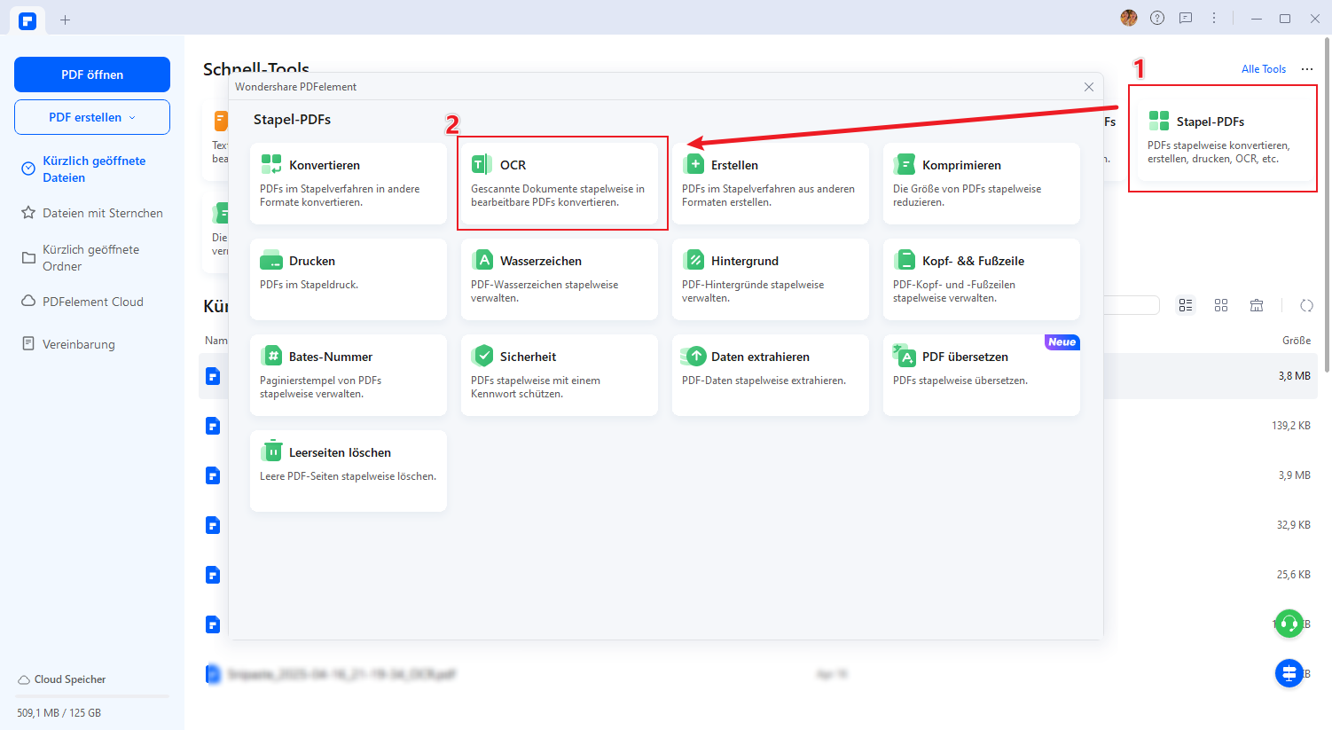 Starten Sie PDFelement und klicken Sie auf "Stapel-PDFs" in der Hauptoberfläche, ein Popup-Fenster erscheint. Sie können die OCR-Funktion verwenden, um das gescannte PDF-Dokument in Editierbare Word-Dateien in Stapelverarbeitung umzuwandeln.