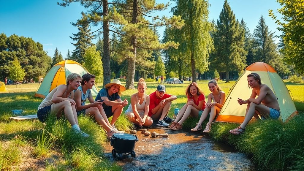 Mehrere junge deutsche Jugendliche veranstalten eine Sommerparty mit Camping am Fluss im malerischen Park.