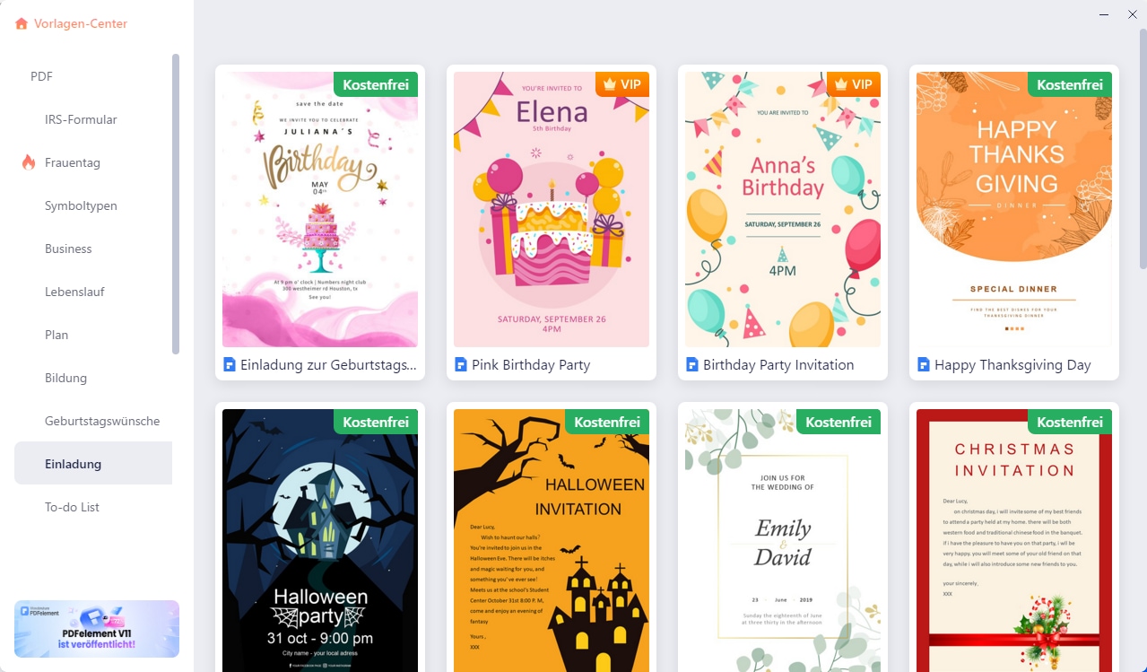 Klicken Sie im Hauptmenü auf „PDF erstellen“, „PDF-Vorlagen“, „Einladung“