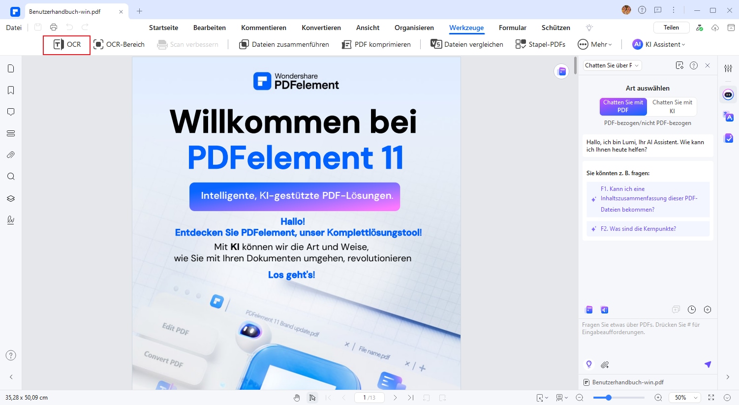 Nach dem Öffnen einer gescannten PDF-Datei erscheint eine Benachrichtigungsleiste oben im Fenster und fragt, ob Sie "OCR" durchführen möchten. Sie müssen die OCR-Funktion verwenden, um die gescannte PDF-Datei in ein bearbeitbares Word-Dokument umzuwandeln.