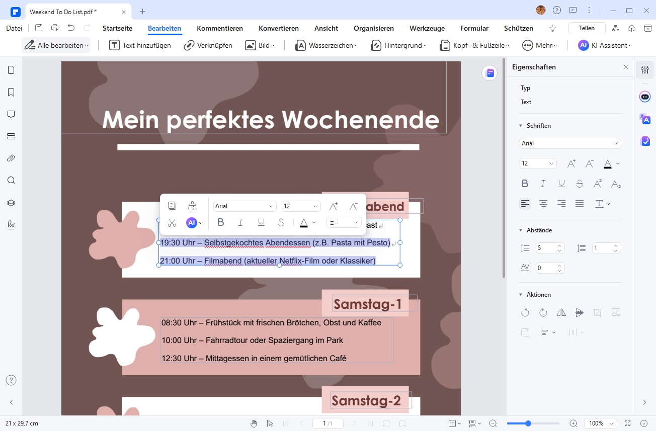Nutzen Sie das Bearbeiten-Werkzeug, um Texte, Wochentage und Aufgabenfelder direkt einzutragen.
