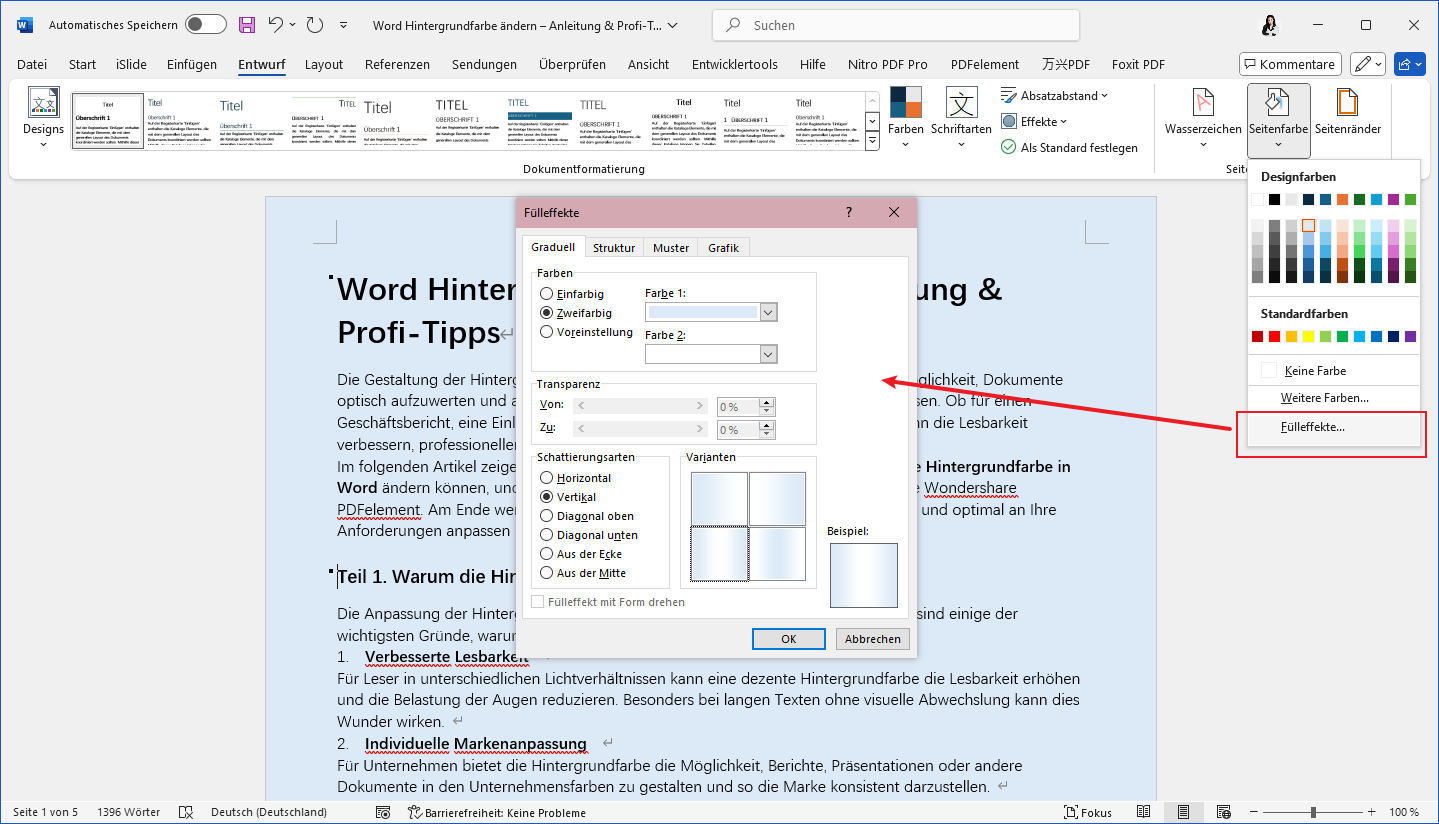 Wenn Sie kreativ werden möchten, können Sie stattdessen die Option „Fülleffekte“ nutzen. Hier stehen Farbverläufe, Muster und Strukturen zur Auswahl, die Ihrem Dokument eine besondere Note verleihen.