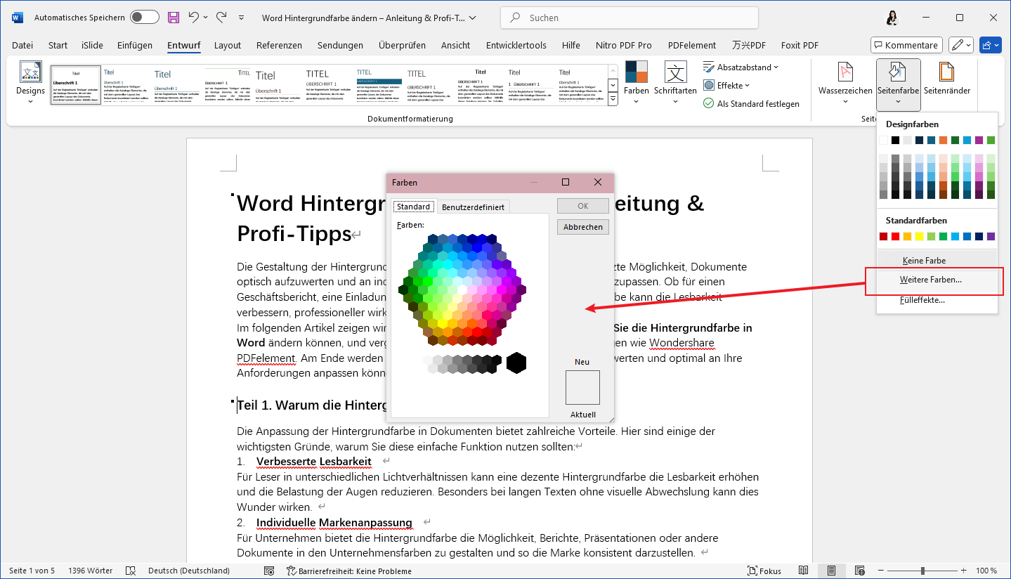 Wählen Sie eine der voreingestellten Farben aus oder klicken Sie auf „Weitere Farben“, um eine benutzerdefinierte Farbe auszuwählen.