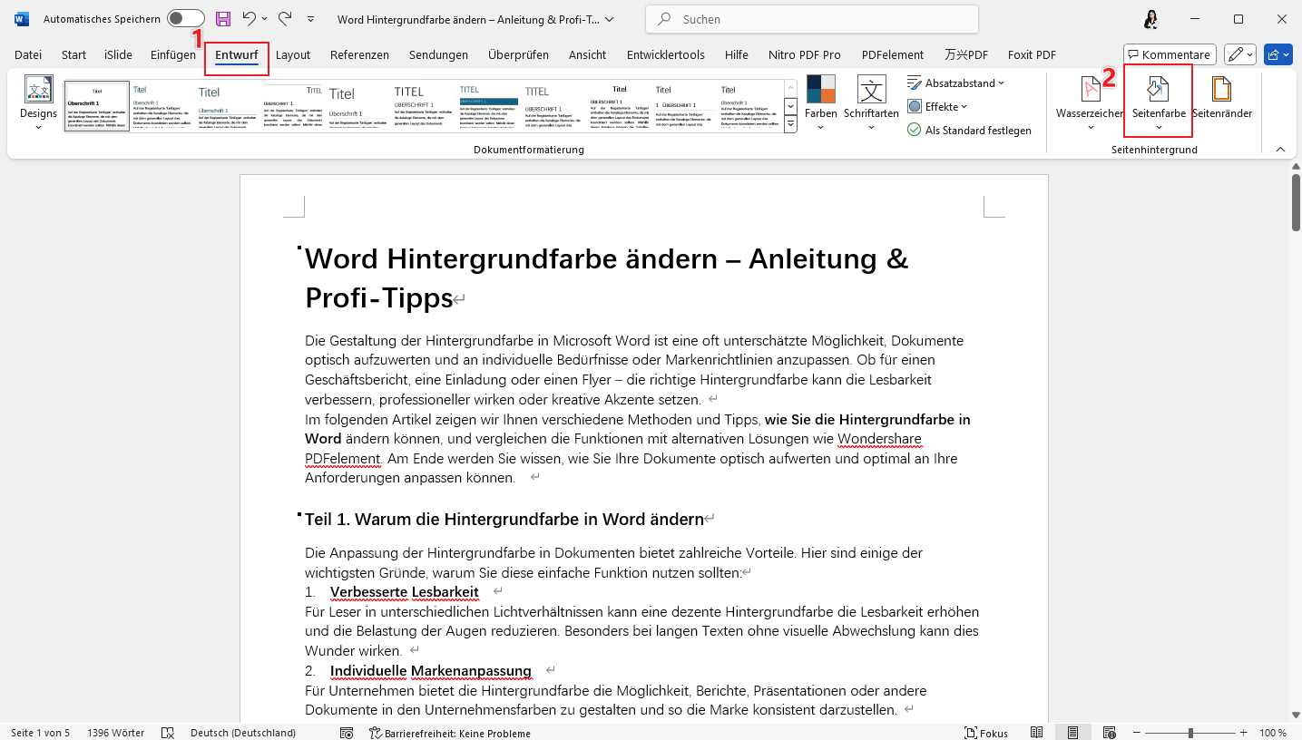Auf der rechten Seite finden Sie die Option „Seitenfarbe“. Klicken Sie darauf, und ein Dropdown-Menü mit verschiedenen Farben erscheint.