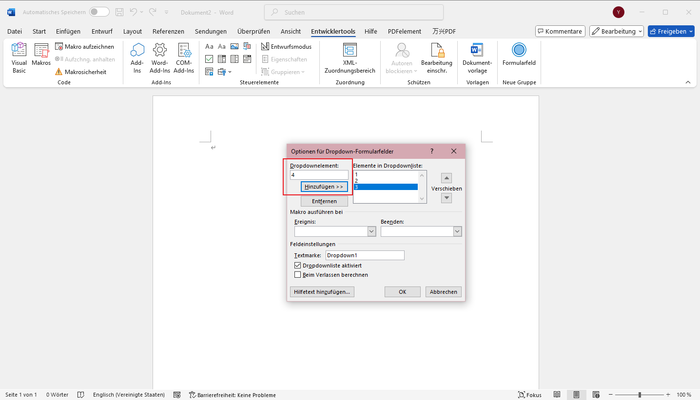 Gehen Sie zurück zur Word-Seite und bearbeiten Sie das eingefügte Feld. Geben Sie unter Dropdown-Formularfeldoptionen die Dropdown-Menüpunkte ein und klicken Sie auf Hinzufügen. Diese Elemente werden unter Elemente in der Dropdownliste eingefügt. Klicken Sie auf das Dropdown-Feld Aktivieren und dann auf OK.