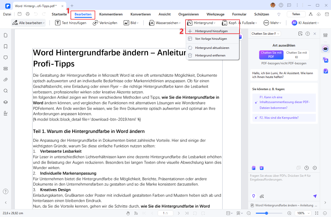 Gehen Sie auf „Bearbeiten“ und wählen Sie dann die Option „Hintergrund“ im Dropdown-Menü. Klicken Sie auf „Hintergrund hinzufügen“ und wählen Sie eine Farbe, einen Verlauf oder ein Muster aus.