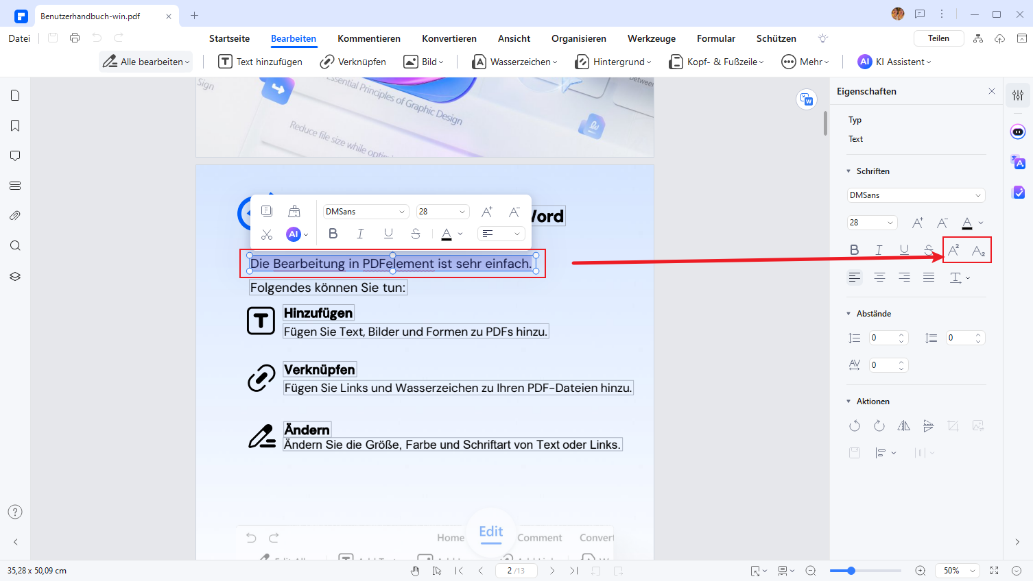 Wenn Sie den Text aus der Datei auswählen, erscheint neben dem ausgewählten Bereich ein Feld zur Auswahl der Schriftart. Sie können einfach hoch- oder tiefgestellte Zahlen aus den Optionen im Dialogfeld hinzufügen.