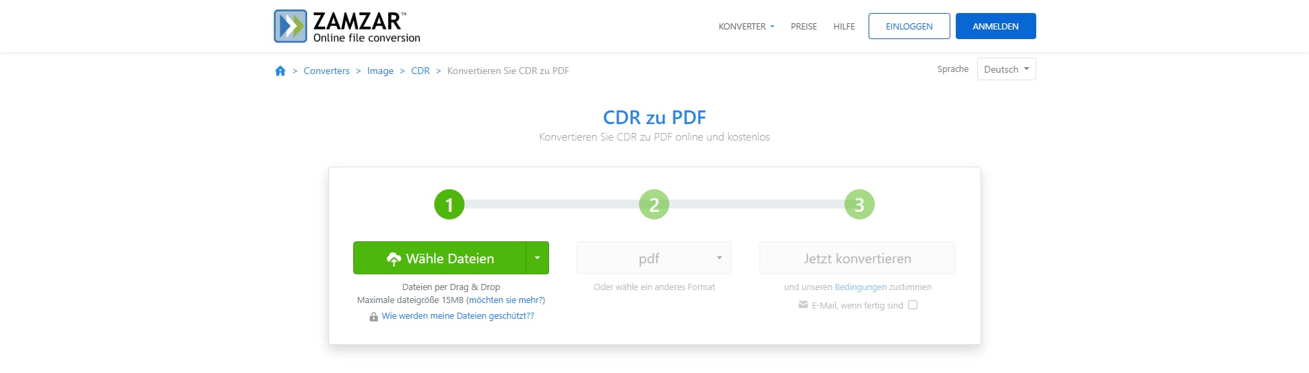 Besuchen Sie die Website von Zamzar und klicken Sie auf Dateien auswählen, um die Datei hochzuladen, die Sie konvertieren möchten. Alternativ können Sie die Datei per Drag-and-Drop in das Upload-Feld ziehen.