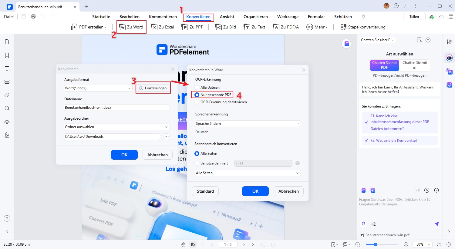 Gehen Sie zum Register "Konvertieren" und klicken Sie auf die Schaltfläche "Zu Word". In dem Popup-Fenster klicken Sie auf die Schaltfläche "Einstellungen", um sicherzustellen, dass Sie die Option "Nur gescanntes PDF" ausgewählt haben. Starten Sie dann die Konvertierung von gescanntem PDF in Word, indem Sie auf "OK" klicken.