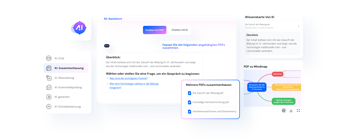 PDFelement bietet nicht nur eine leistungsstarke OCR-Technologie (Optical Character Recognition), sondern auch KI-gestützte Funktionen, um Inhalte aus Bildern präzise zu extrahieren und zusammenzufassen.